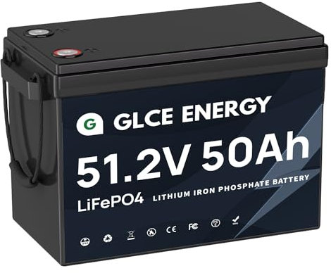 Batterie LiFePO4 GLCE ENERGY 51.2V 50Ah, 2 560Wh, cellules de classe A et BMS 50A, courant de crête 100A/10s, compatible série/parallèle, idéale pour l'énergie solaire, les camping-cars