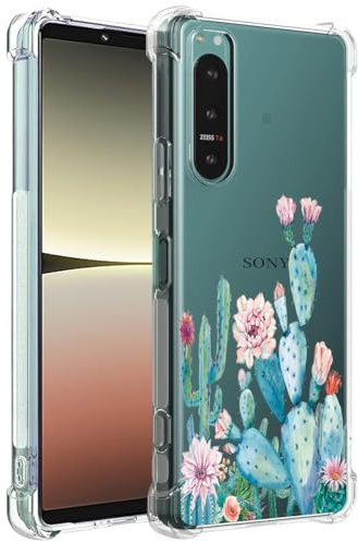 Sidande Hülle für Xperia 5 IV/Sony 5 IV XQCQ62B-GC Handyhülle für Mädchen Frauen, Transparentes Blumenmuster Soft Flexible TPU Slim Handy Schutzhülle für Sony Xperia 5 IV Kaktus
