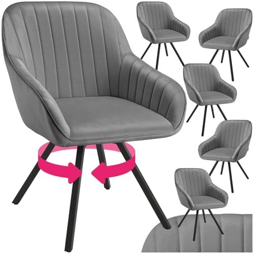 tectake® drehbare Esszimmerstühle mit Armlehne, Schalenstuhl ergonomisch mit Samt Bezug, gesteppt, Stühle drehbar für Wohnzimmer, Esstisch, Arbeitszimmer, Schminktisch, Küchenstühle - 6er Set, grau