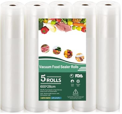 Vakuumrollen 5 Rollen 28x600cm, Wiederverwendbar BPA-frei Vakumierfolienrollen für Vakuumierer & Lebensmittel Vakuumiergerät, für Vakuumierer und Folienschweißgeräte Geeignet