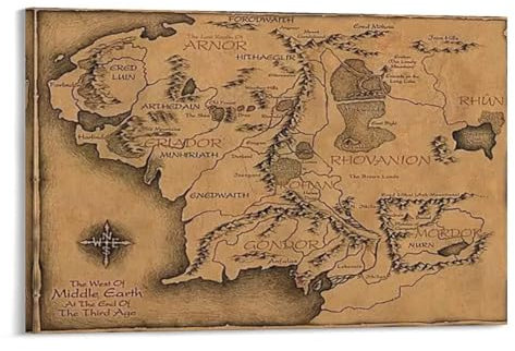 Póster de Mapa de la Tierra Media del Señor de los Anillos (22) Lienzo impreso para pared, póster de arte para decoración moderna del hogar, obras de arte para el hogar, 60 x 90 cm
