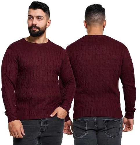 NOROZE Men's Jumpers – Mens Jumper Cable Knit Jumper, Lightweight Crew Neck Long Sleeve Sweater, Warm Casual Pullover Knitwear for Winter, Slim Fit Knitted Tops, Available in Burgundy Jumper Mens