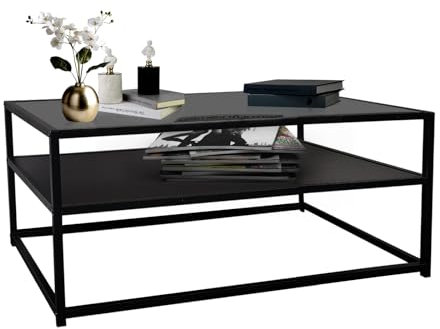 Couchtisch Wohnzimmertisch mit 2 Ablagen, Rechteckiger Kaffeetisch Sofatisch Beistelltisch, Tischplatte aus Glas, Metallgestell, Modernes und Einfaches Design, 110 x 60 x 45 cm, Schwarz