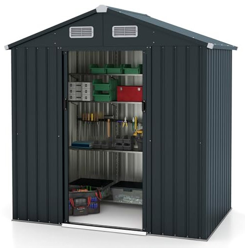 GOPLUS Gartenhaus Metall 3,25 m³, 182 x 129 x 197 cm Geräteschuppen mit Schiebetüren & Belüftung, Metall Gerätehaus mit Satteldach, Gartenhütte abschließbar, Metallschuppen für Garten & Terrasse