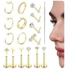 FIOROYAL 16Pcs Nasenpiercing Stecker 14K Gold Nasenpiercing Ring 316L Chirurgenstahl Piercing Nase Gewindeloser Push in Flat Back CZ Nostril Piercing Hoops Knorpel Helix Tragus Gold/Silber 18G 20G JC