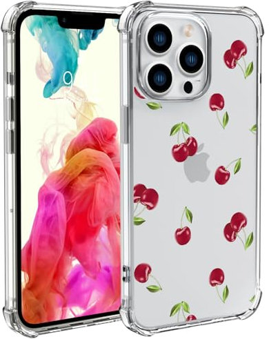 Wihytec Cute Fresh Cherry Phone Case for iPhone 16 PRO Cherry Case Cover Clear Phone Case w/Four Corner Reinforced Shockproof Girly Women Phone Cover Transparent