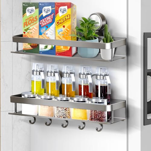 Suction Cup Spice Rack,2 Pack No-trace Seasoning Organizer with 5 Hook Rack/Hangers for Walls,Refrigerator,Oven,Cabinet,No Damage Pantry Organizers and Storage Shelf,Home and Kitchen Gadgets (grey)