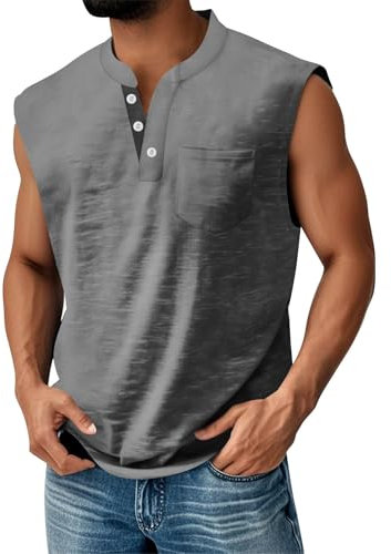 Gilet sans Manche Homme DéContracté Bouton Col en V LéGer Sport Débardeur Henley Homme T-Shirt MuscléS Gym Course à Pied Unie éTé Vacances Tank Top avec des Poches 03-Gris foncé L