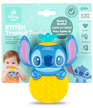 Bright Starts Disney Baby Stitch Tropical Teethe Rassel & Beißspielzeug, Ananasförmiges Beißspielzeug für Neugeborene und ältere Babys