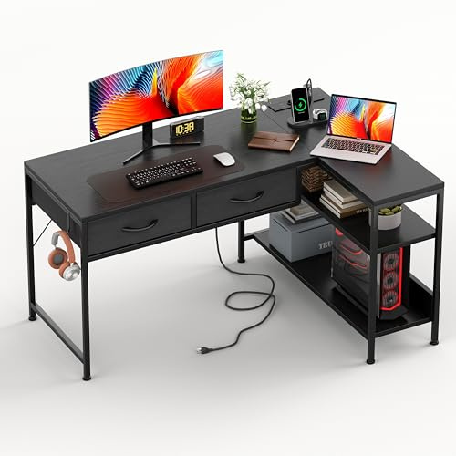 CAIYUN L-förmiger Schreibtisch mit Steckdosen, 100 x 60 cm, Reversibel Gaming Tisch Kleiner Computertisch mit 2 Schubladen, Eckschreibtisch für Büro und Homeoffice, Schwarz