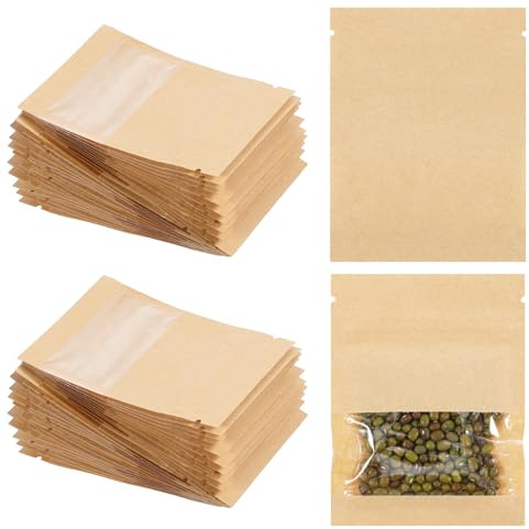 100 Pcs Small Seed Envelopes Christmas Candy Envelopes 2.7x3.5 Resealable Brown Paper Packets with Clear Window Mini Zip Lock Bag Small Coffee Sample Bags for Flower Vegetable Seeds Pet Food