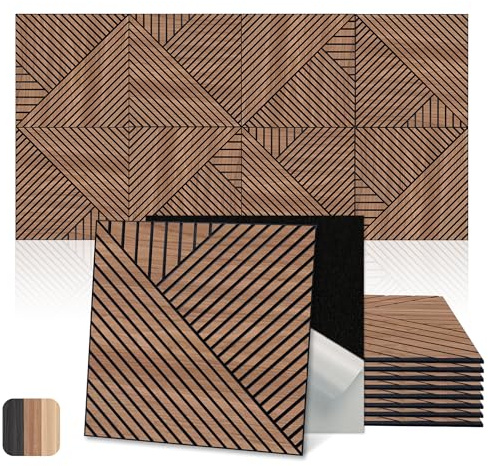 Mollywell Acoustic Wall Panels, Walnut, 8 Pack, 60x60 cm | PVC Wood Grain, Self-Adhesive, Sound Proof, Sound Absorbing, Modern Wall Decor, Home, Studio, Office