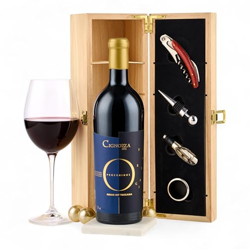 Thornton & France Luxury Italian Red Wine Gift Set | Super Tuscan Cignozza Peregrinus Toscana 75cl in Wooden Box with Accessories | Premium Tuscany Wine Hamper for Wine Lovers & Corporate Gifts