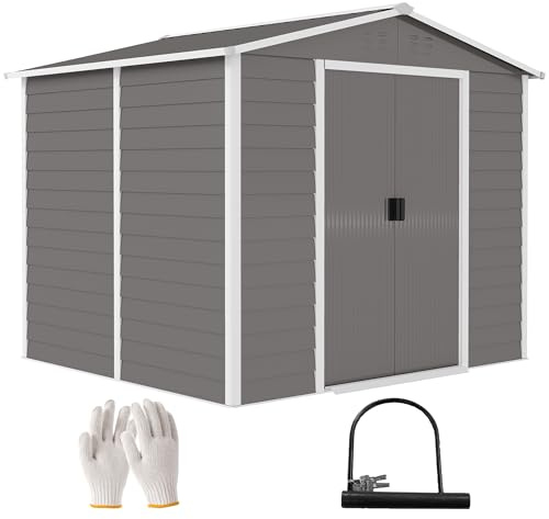 Outsunny Gerätehaus 4,4 m², Gartenhaus mit Pultdach, Schiebetür, Fundament, Einfach Montage 240 x 206 x 198 cm, Geräteschuppen aus Verzinkter Stahl, wetterfest, für Garten, Hellgrau