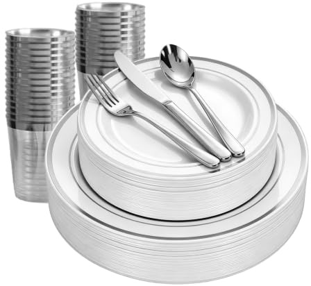 Yazoni Reusable Plastic Dinnerware Set for 25 Guests – Washable & Dishwasher Safe – Includes Plates, Cutlery, Cups, Napkins – Silver