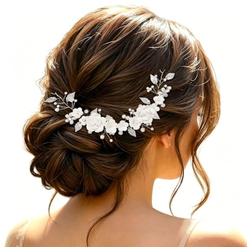 Silver Crystal Leaf Vine Headband, Pearl Flower Wedding Headpiece, Bridal Accessory for Women, Flexible Design for Updos or Braids