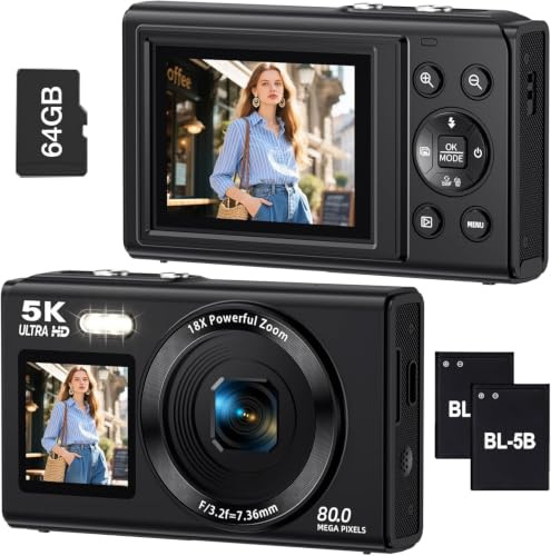 5K Digitalkamera mit Zwei Bildschirmen, 80 Millionen Pixel, WLAN-fähig mit Frontdisplay, 18-fachem Zoom, inklusive Zusatzbeleuchtung, 64GB Speicherkarte und Zwei Akkus