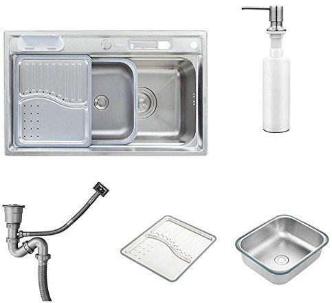 Homelavafans évier inox de cuisine à un 1 bac en acier inoxydable 304 avec distributeur de liquide vaisselle et deux plaques de filtre à eau encastrable cuve pour cuisine (sans robinet)