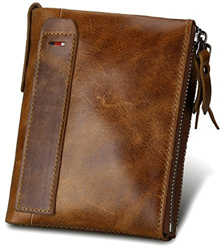 NALITARE Echtem Rindsleder Geldbörse mit RFID Schutz, Vintage Bifold Geldbeutel Doppelreißverschluss Portemonnaie mit Kreditkarte Halter