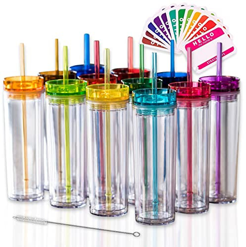 Skinny Tumblers Trinkgläser mit Deckel und Strohhalmen, aus Acryl, doppelwandig, 454 ml, transparent, gratis Strohreiniger Namensschild, 4 Stück Wiederverwendbarer Becher Strohhalm Multicolors
