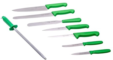 THE SMITHFIELD 8-Piece Professional Chef Knife Set with Canvas Roll-Up Wallet – Stainless Steel Blades, Durable Polypropylene Handles – Perfect for Culinary Students, Beginner Chefs – Green Handle