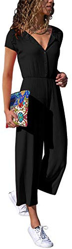 Cassiecy Jumpsuit Damen Elegant Kurzarm Playsuit V-Ausschnitt Casual Lose Overalls Lang Romper (L, Z-Schwarz)
