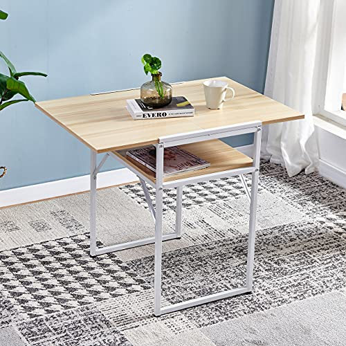Huisen Furniture Foldable Drop Leaf Dining Kitchen Table Extendable for Small Space Apartment Dinette Folding Computer Desk Workstation Wood Tabletop with Metal Frame