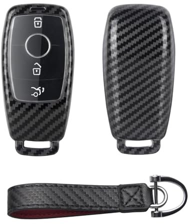 Kwak's Housse de Protection pour clé de Voiture Modèle de Fibre de Carbone Compatible pour clé de Voiture Mercedes Benz Nouvelle Classe E E200L E300L Classe C Classe S avec Porte-clés