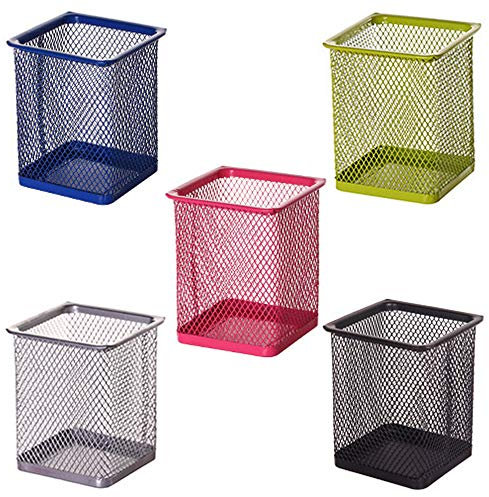 Porte Stylo en Métal Maillé, 5 Pièces Porte Stylo en Maille de Couleur, Pot à Crayons Carré en Métal pour L'école, Le Bureau, Le Crayon, Le Stylo, Les Cosmétiques (Rose, Vert, Bleu, Argent, Noir)