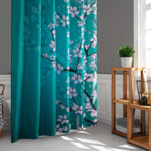 LIGICKY Japanischer Stil Duschvorhang für Badezimmer Durable Wasserdicht Stoff Duschvorhänge für Home Decor 180 x 180 cm, Pflaume auf blauem Hintergrund Set mit Duschvorhangringen