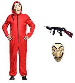 Anxicer Costume de carnaval, combinaison de voleur de banque pour Halloween, cosplay, rouge, à manches longues avec capuche, masque et mitrailleuse