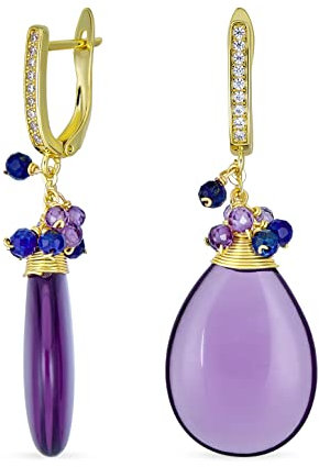 Pendientes de gota en forma de lágrima de amatista morada oscura con acento de cuentas de cristal multicolor de moda boho, alambre envuelto, para mujer, chapados en oro rosa de 14K con cierre de