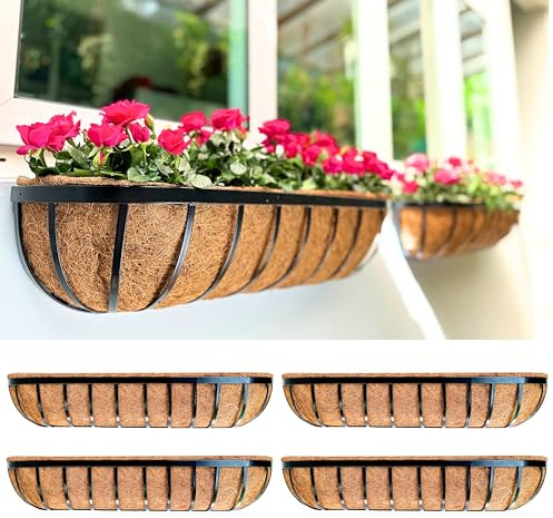 LaLaGreen Deck Railing Planter Boxes - 4 Pack, 36 Inch Long Window Flower Box Attach to House, Wall Planters for Outdoor Plants with Coco Liners English Horse Trough Fence Balcony Garend Porch Rail