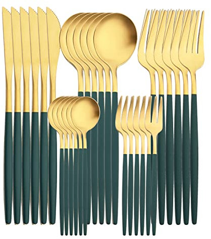 6/30Pcs MatteHandle Set di Stoviglie in Acciaio Inossidabile Stoviglie Coltello Forchetta Cucchiaio Posate Occidentali,Oro Verde