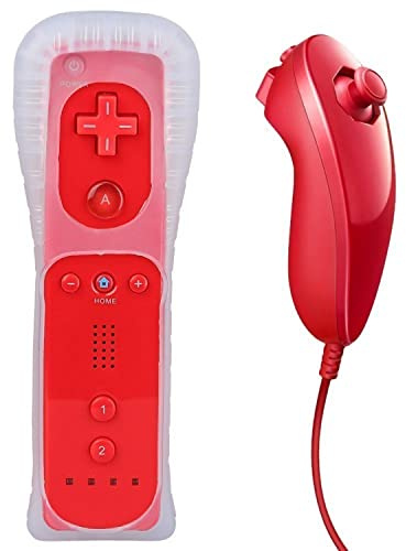 Lyyes Telecomando per Wii, Wii Remote e Nunchuck Controller con custodia in silicone e cinturino per Wii e Wii U (rosso)