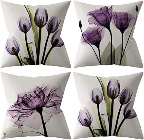 TIDWIACE 4er Set Kissenbezug 45 x45 cm Deko, Kissenhülle Dekorative Sofakissen Leinen Kissenbezüge Luxus Decor für Sofa Wohnzimmer Zierkissen,Violette Blume
