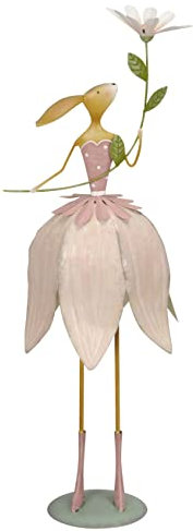 originelle dekorative Osterhasen-Dame aus Metall im Blütenkleid mit Blume aus Metall in gelb-grün oder rosa-weiß (rosa)