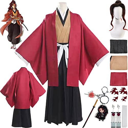 Tjmiaohao Anime Charakter Tsugikuni Yoriichi Cosplay Kostüm Outfit Demon Slayer Kimono Umhang Perücke Aufkleber Full Set Halloween Party Karneval Anziehanzug für Männer Jungen (S)
