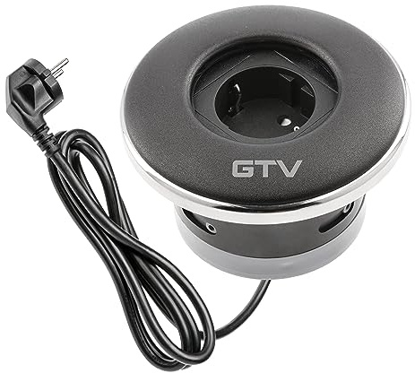 GTV - Möbelsteckdose SHUTTER, Einbausteckdose, 1x Schuko Steckdose, mit Praktischer Verschluss, Kabellänge 1,5m, Farbe Schwarz, für Schreibtische, Tischplatte, Küchen und Büro