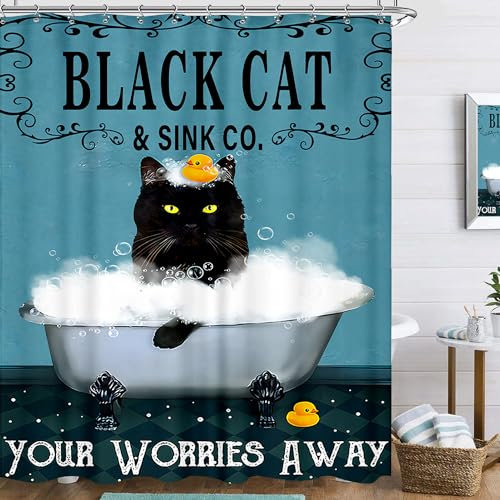 Famiffty Cat Funny Shower Curtain 60Wx72L Inch Bath Soap Shower Curtain Vintage Blue Green Cute Black Kitty Bubble Retro Bathtub Bathroom Decor Accessories Waterproof Polyester Fabric 12 Plastic Hooks