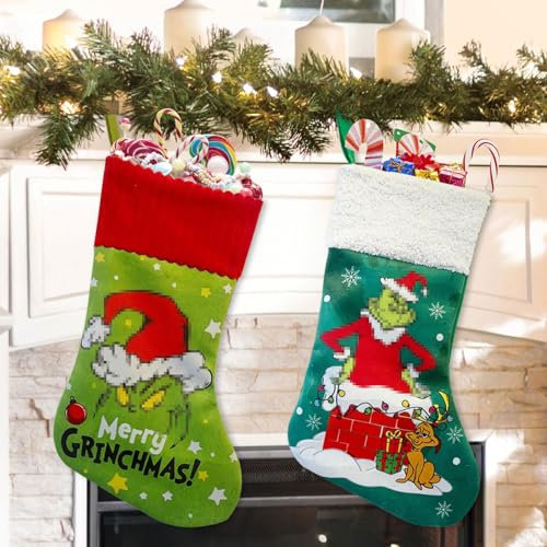 Seasboes Weihnachtsstrümpfe, 2 Stück Grün Weihnachten Hängender Strumpf, Nikolausstrumpf, Nikolausstiefel, Nikolaus Socke Strumpf zum Aufhängen und Befüllen Weihnachten, Dekorationen für Weihnachten