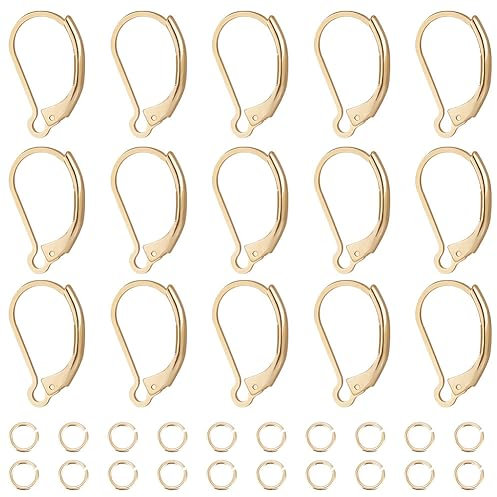 Beebeecraft 1 Box 20Pcs Leverback Earring Findings 24K Gold Plated Clasp Earring Hooks 16.5x10mm French Ear Wire Connector with 20Pcs Open Jump Rings for DIY Jewellery Making