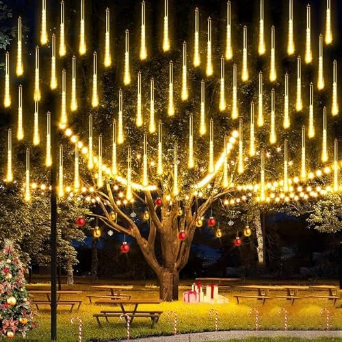 KINGCOO 288LED Meteoritenschauer Lichterketten Garten, Wasserdicht 30cm 8Tubes Fallende Regentropfen Solarleuchten Dekorative Lichtschläuche für Außen Party Hochzeit Weihnachtsbaum(Warmweiß)