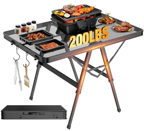 Raynesys Klappbarer Grilltisch mit Mesh-Tischplatte, 3ft Höhenverstellbarer Faltbarer Campingtisch aus Metall, Tragbarer Grillwagen für Outdoor, Camping, Picknick, BBQ, Strand, Wohnmobil, Schwarz
