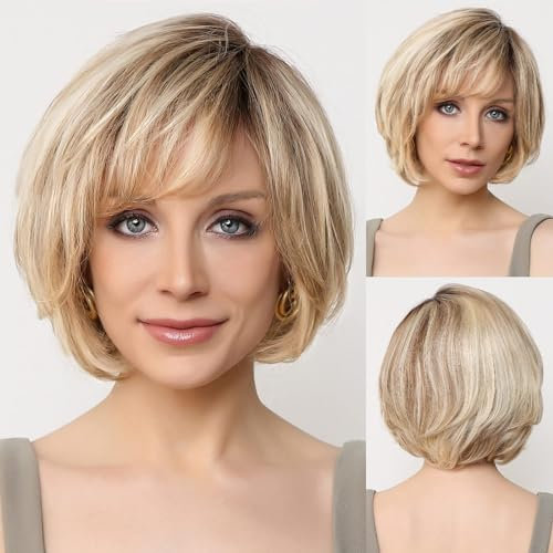 EMMOR Handgebundene Lace-Front-Perücke, 100% Echthaarperücke für Frauen, natürlich gestuft, gewellter unterschiedlicher Stil für weiße Frauen (Gemischtes Blond#)