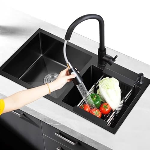 Küchenspüle-Wasserhahn, schwarzes Edelstahl-Spülbecken, Küchenspüle, großes Doppelwaschbecken, schwarzer ausziehbarer Wasserhahn, komplettes Zubehör, 82 x 45 x 21 cm