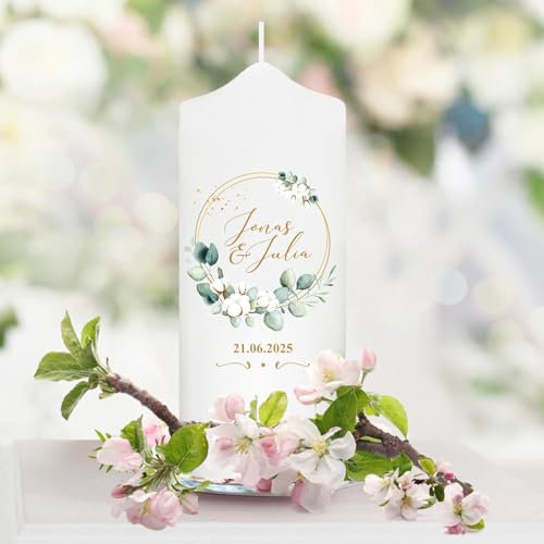 Wandtattoo Loft Hochzeitskerze personalisiert mit Namen und Datum, Motiv mit Blätterkranz Eukalyptus, 18cm x 7cm, personalisierte Traukerze, Hochzeit Kerze selbst gestalten, Hochzeitsgeschenk