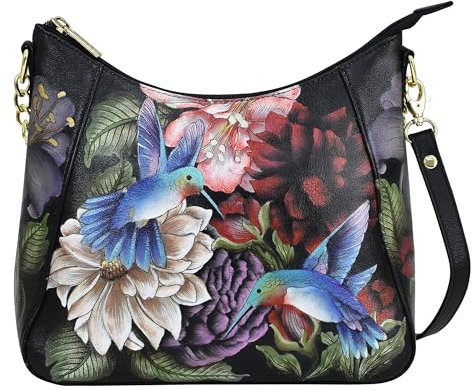 Anuschka Damen Leder Hobo Bag mit Reißverschluss - Handbemalte Schultertasche - Hummingbird Heaven
