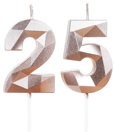 Bougies de 25e anniversaire en forme de chiffre 25 or rose pour décoration de gâteau de 25e anniversaire, mariage, anniversaire de mariage - Décoration de gâteau pour homme et femme