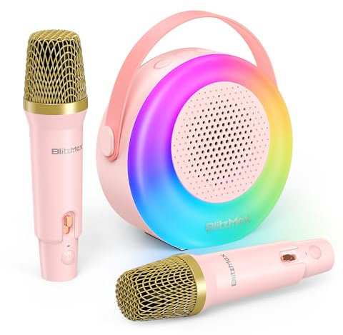 Máquina de Karaoke para Niños, Mini Karaoke Portátil con 2 Micrófonos Inalámbricos Bluetooth, Luces LED Coloridas, Cambiador de Voz, Juguetes y Regalos para Niñas/Niños/Cumpleaños/Fiesta, Rosa